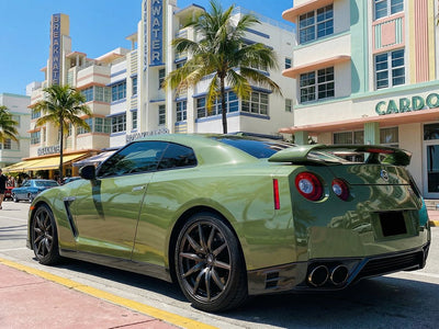 Nissan GT-R wrapped in Hexis SuperGloss HXONE™ Vintage Green restyling film HXONE700