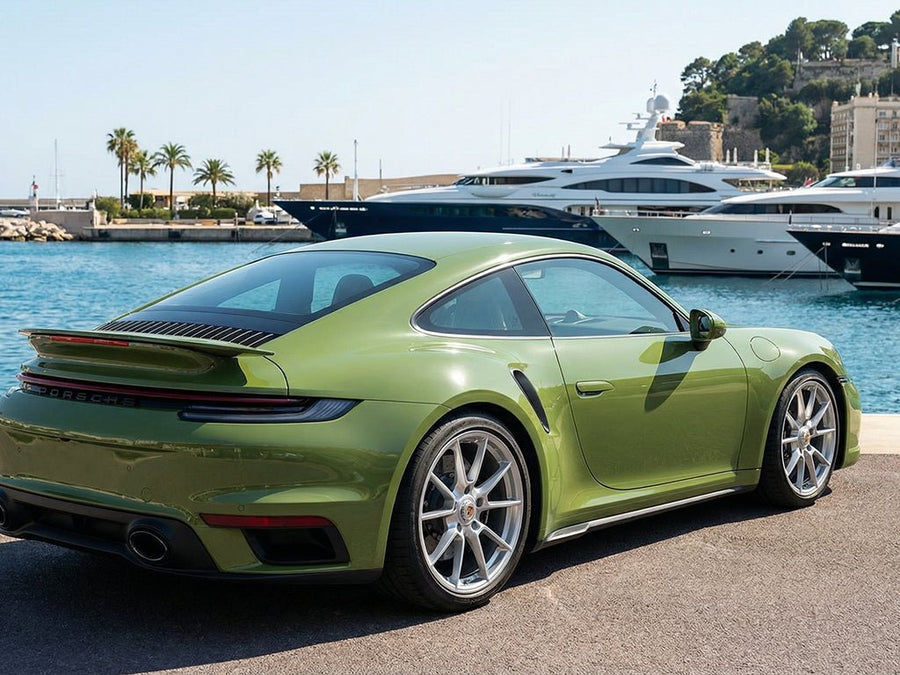 Porsche 911 Turbo S wrapped in SuperGloss HXONE™ Vintage Green automotive vinyl film HXONE700