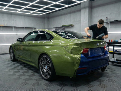 DIY BMW M4 wrapped in SuperGloss HXONE™ Vintage Green automotive vinyl film HXONE700