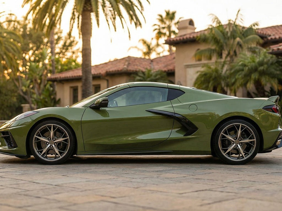 DIY Chevrolet Corvette C8 wrapped in Super Gloss HXONE™ Vintage Green wrap film HXONE700