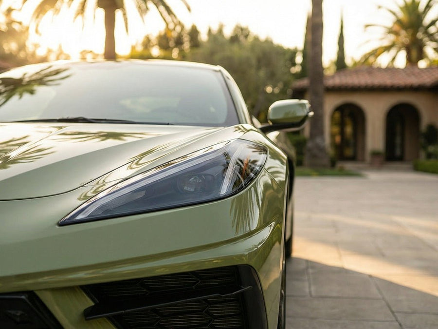 DIY Chevrolet Corvette wrapped in Super Gloss HXONE™ Vintage Green car wrap film HXONE700