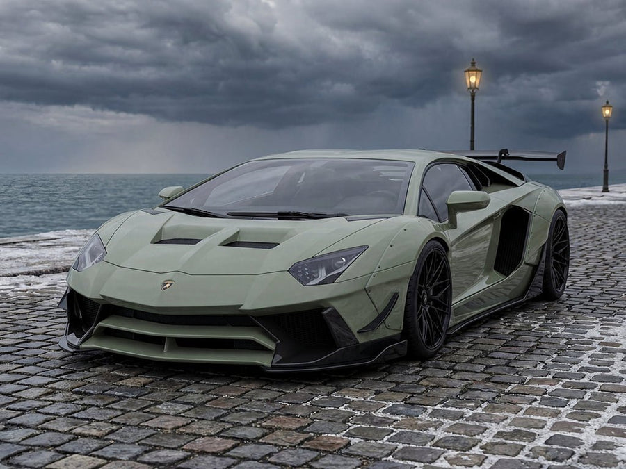 Lamborghini Aventador wrapped in Hexis Super Gloss HXONE™ Seal Khaki vinyl wrap HXONE702