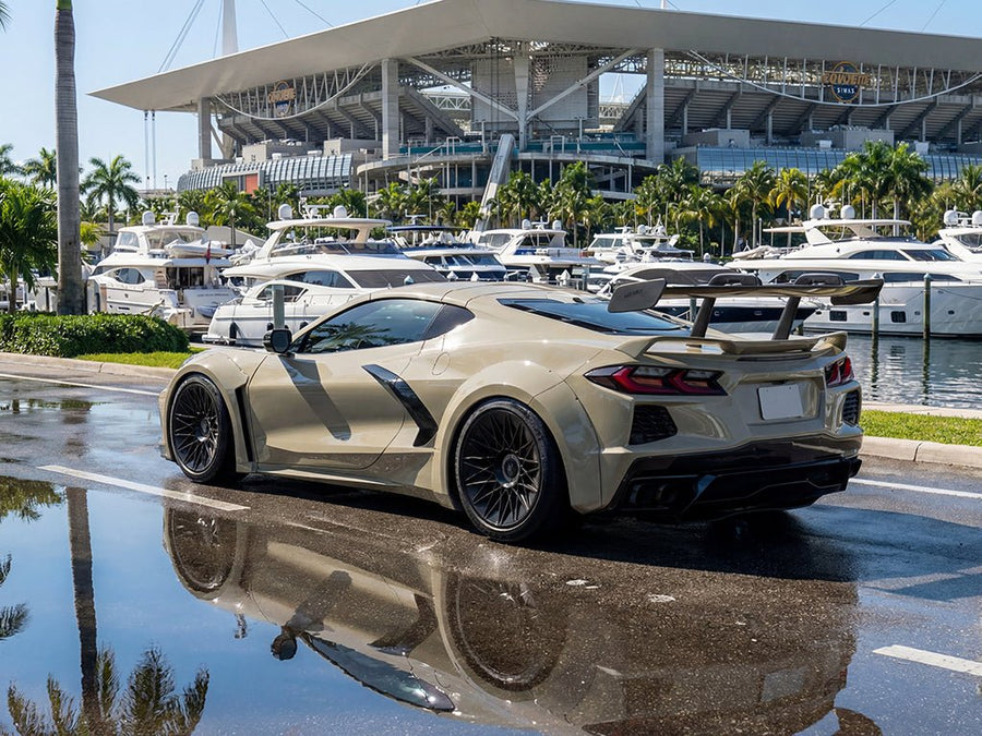 Chevrolet Corvette C8 wrapped in Super Gloss HXONE™ Seal Khaki restyling film HXONE702