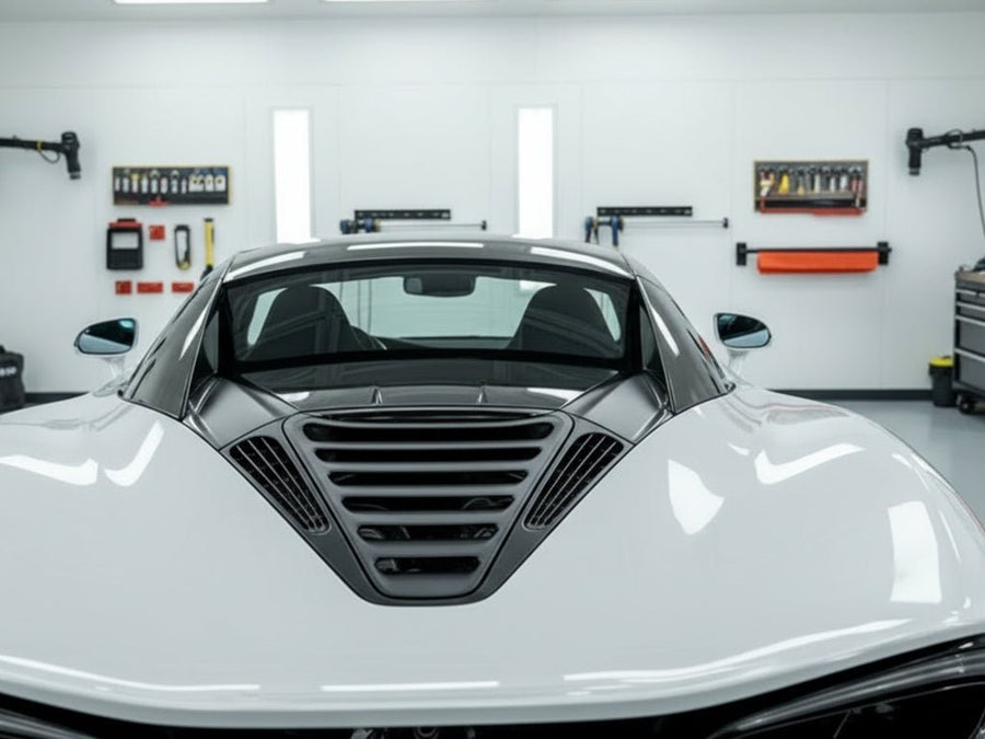 McLaren 720S wrapped in Hexis SuperGloss HXONE™ Alpine Gray automotive vinyl film HXONE802 detail