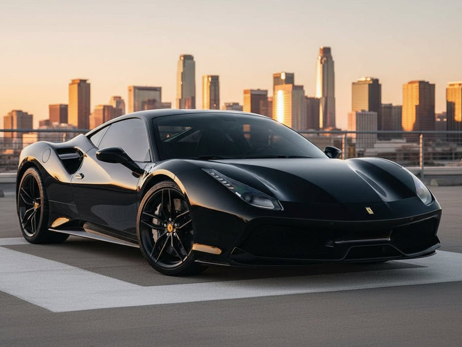 Ferrari 488 GTB wrapped in Super Gloss HXONE™ Deep Black automotive vinyl film HXONE901