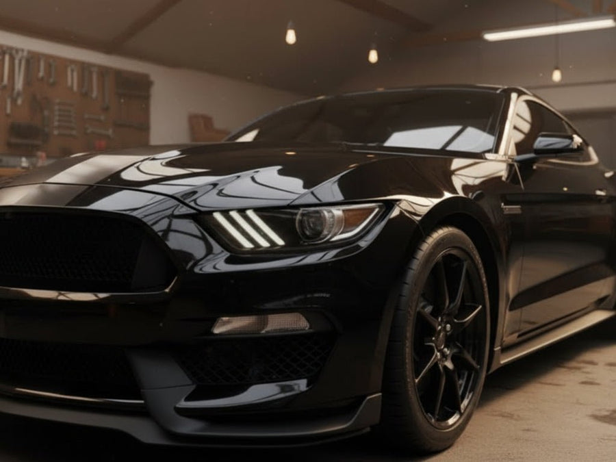 Ford Mustang wrapped in Hexis Super Gloss HXONE™ Deep Black automotive vinyl film HXONE901