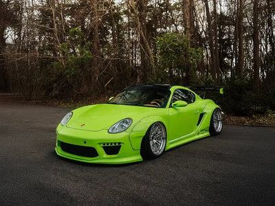 Porsche Cayman wrapped in Inozetek Super Gloss Acid Green restyling film