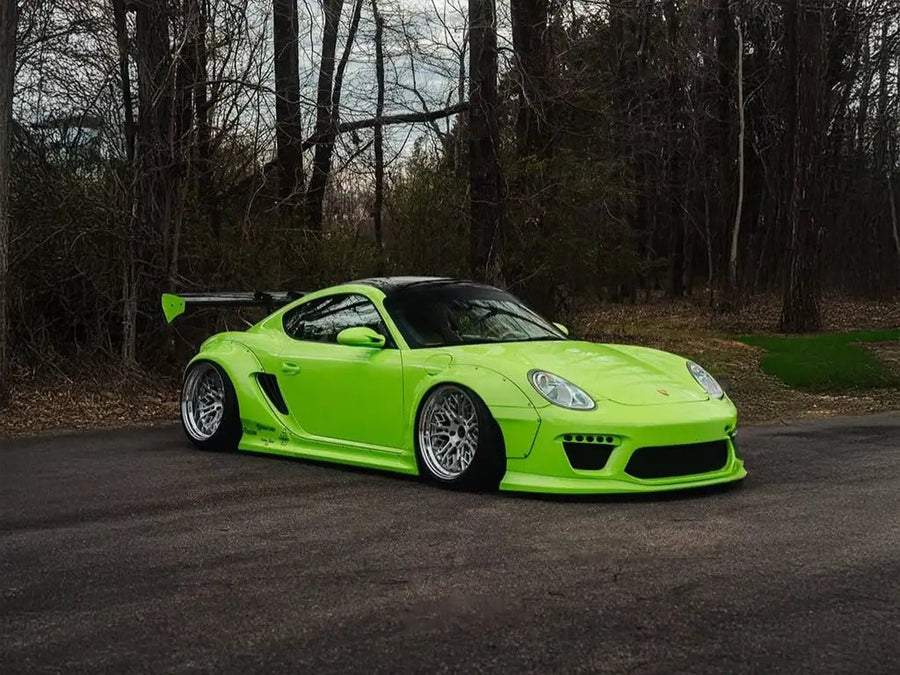 Porsche Cayman wrapped in Inozetek SuperGloss Acid Green restyling film