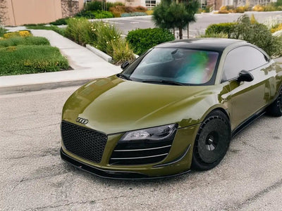 Audi R8 wrapped in Inozetek SuperGloss Army Green automotive vinyl film