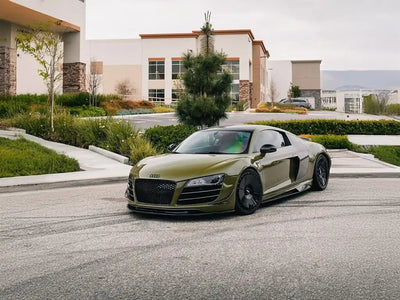 Audi R8 wrapped in SuperGloss Army Green automotive vinyl film
