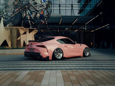DIY Toyota Supra wrapped in Super Gloss Cherry Blossom wrap film detail