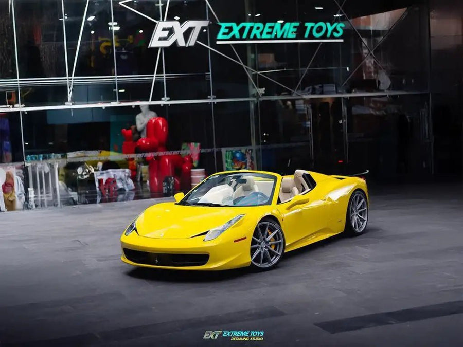 Ferrari 458 Spider wrapped in Inozetek SuperGloss Citrus Yellow car wrap film