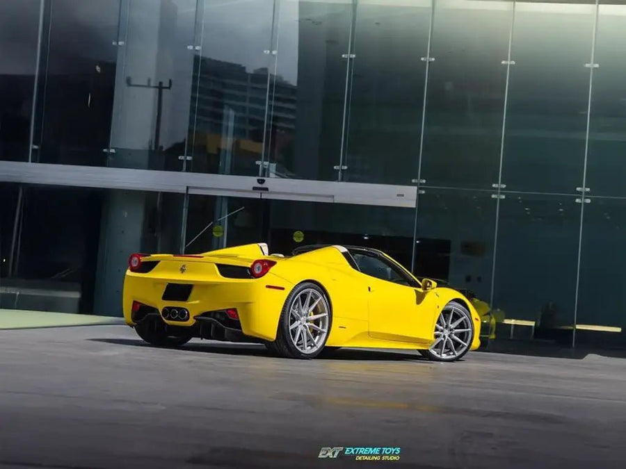 Ferrari 458 Spider wrapped in Inozetek SuperGloss Citrus Yellow automotive vinyl film