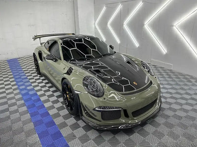 Porsche 911 GT3 RS wrapped in Inozetek SuperGloss Khaki Green car wrap film