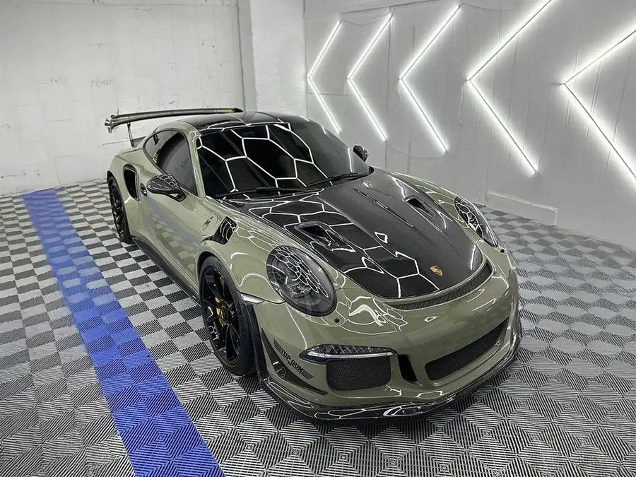 Porsche 911 GT3 RS wrapped in Inozetek SuperGloss Khaki Green car wrap film