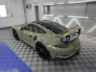 Porsche 911 GT3 RS wrapped in Inozetek Super Gloss Khaki Green automotive vinyl film