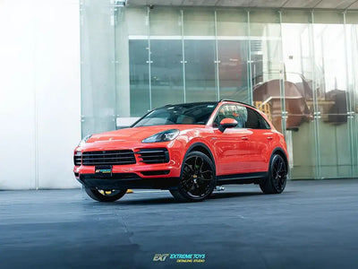 Porsche Cayenne wrapped in Inozetek SuperGloss Lava Orange restyling film