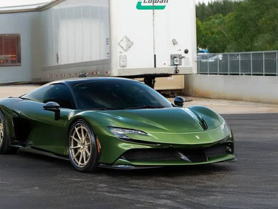 Ferrari SF90 Stradale wrapped in SuperGloss Metallic Mamba Green automotive vinyl film