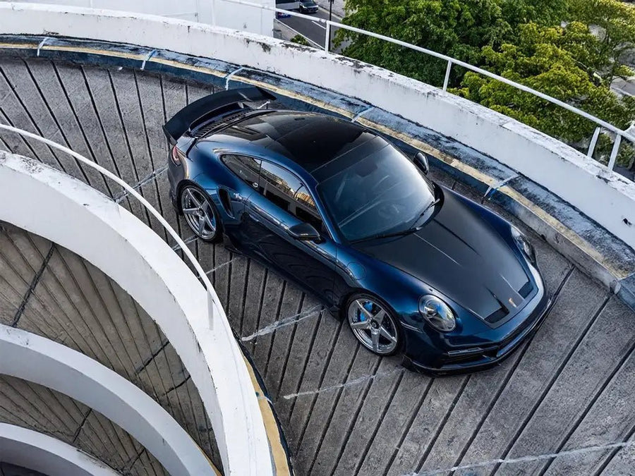 Porsche 911 Turbo S wrapped in SuperGloss Metallic Midnight Blue car wrap film detail