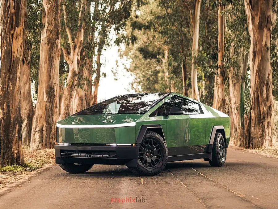DIY Tesla Cybertruck wrapped in SuperGloss Metallic Racing Green vinyl wrap