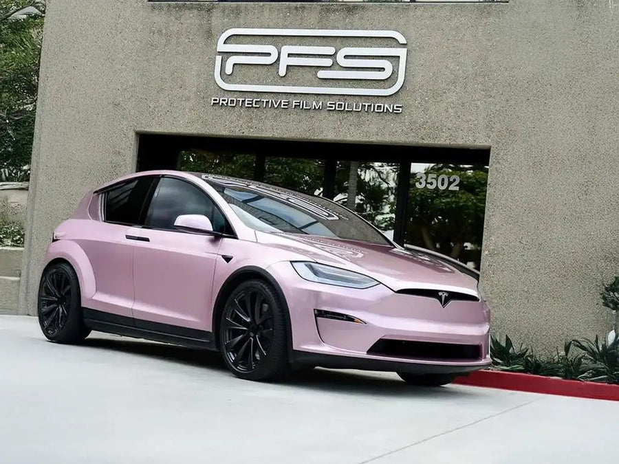 Tesla Model X wrapped in Inozetek SuperGloss Metallic Rose vinyl wrap