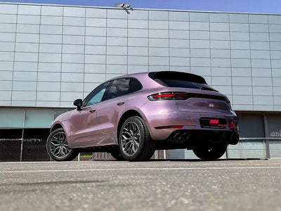 DIY Porsche Macan wrapped in SuperGloss Metallic Rose automotive vinyl film