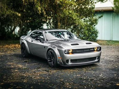 Dodge Challenger SRT Hellcat wrapped in Super Gloss Metallic Silver automotive vinyl film