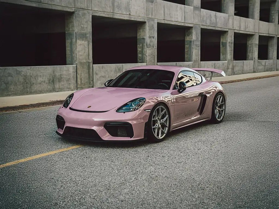 DIY Porsche 718 Cayman GT4 wrapped in Super Gloss Rosewood Pink vinyl wrap