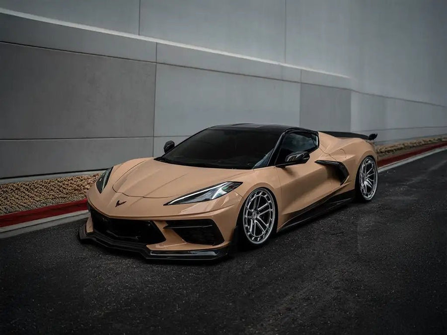 Chevrolet Corvette C8 wrapped in Super Gloss Sand automotive vinyl film