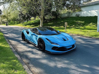 Ferrari F8 Tributo wrapped in Super Gloss Snow Blue wrap film