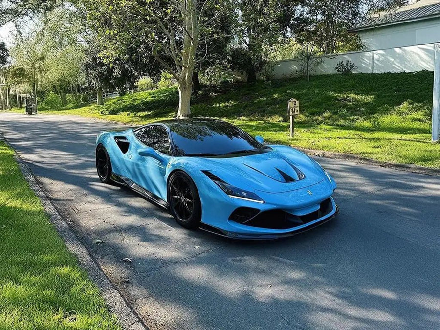 Ferrari F8 Tributo wrapped in Super Gloss Snow Blue wrap film