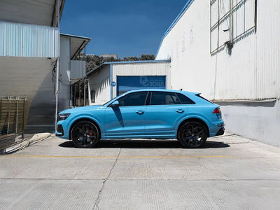 DIY Audi Q8 wrapped in Super Gloss Soft Blue automotive vinyl film