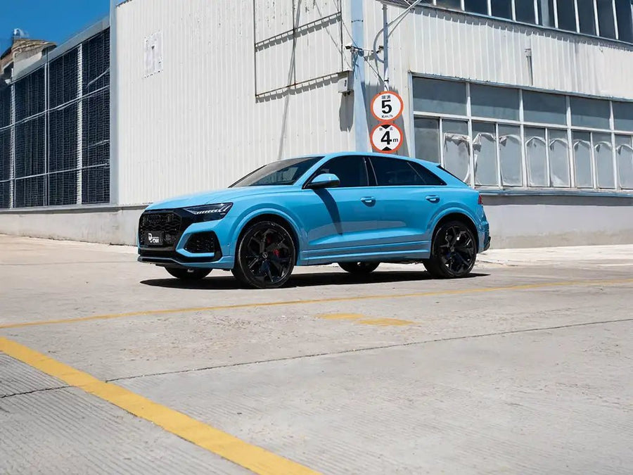 DIY Audi Q8 wrapped in Super Gloss Soft Blue wrap film