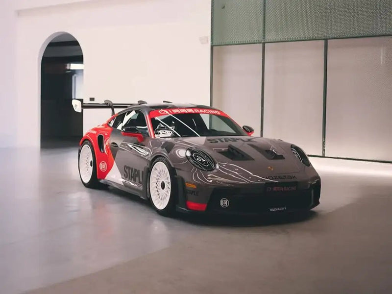 Porsche 911 GT3 wrapped in Super Gloss Staple Pigeon Grey wrap film