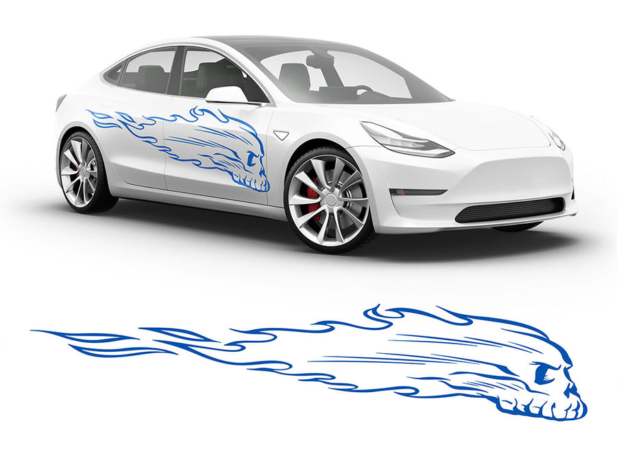 3M Azure Blue Flaming Skull Body Graphic~Full Side Auto Decal Kit~0