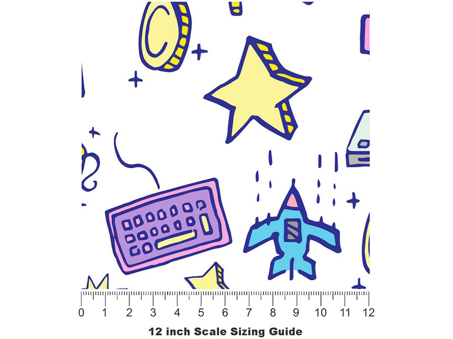 Retro Doodles Gaming Vinyl Film Pattern Size 12 inch Scale~Rwraps Retro Doodles Gaming Sizing Chart~2