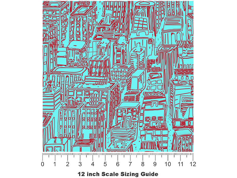 Teal Downtown Cityscape Vinyl Film Pattern Size 12 inch Scale~Rwraps Teal Downtown Cityscape Sizing Chart~3