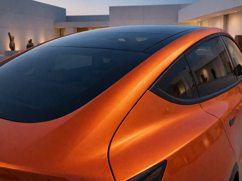 Ford Mustang Mach-E wrapped in Hexis Super Gloss HXONE™ Sunrise Orange restyling film HXONE302
