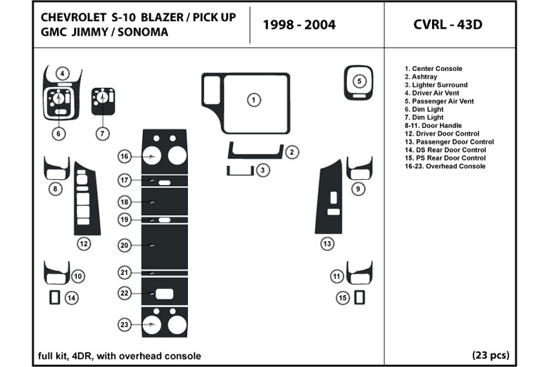 1998 GMC Sonoma DL Auto Dash Kit Diagram
