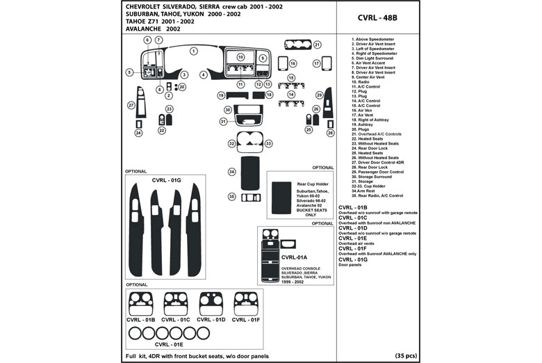 2002 Chevrolet Avalanche DL Auto Dash Kit Diagram