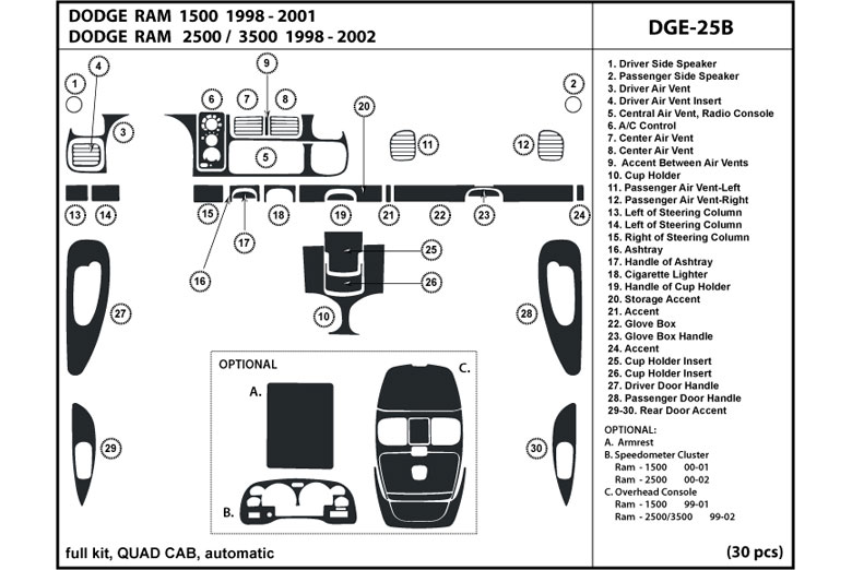 1998 Dodge Ram DL Auto Dash Kit Diagram