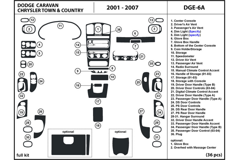 2001 Dodge Caravan DL Auto Dash Kit Diagram