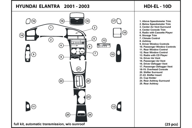 2001 Hyundai Elantra DL Auto Dash Kit Diagram