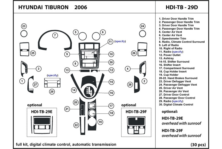2006 Hyundai Tiburon DL Auto Dash Kit Diagram