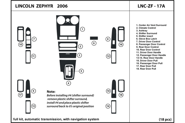 2006 Lincoln Zephyr DL Auto Dash Kit Diagram