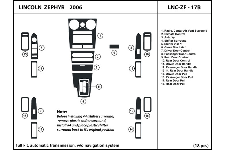 2006 Lincoln Zephyr DL Auto Dash Kit Diagram