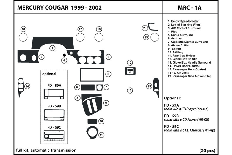 1999 Mercury Cougar DL Auto Dash Kit Diagram