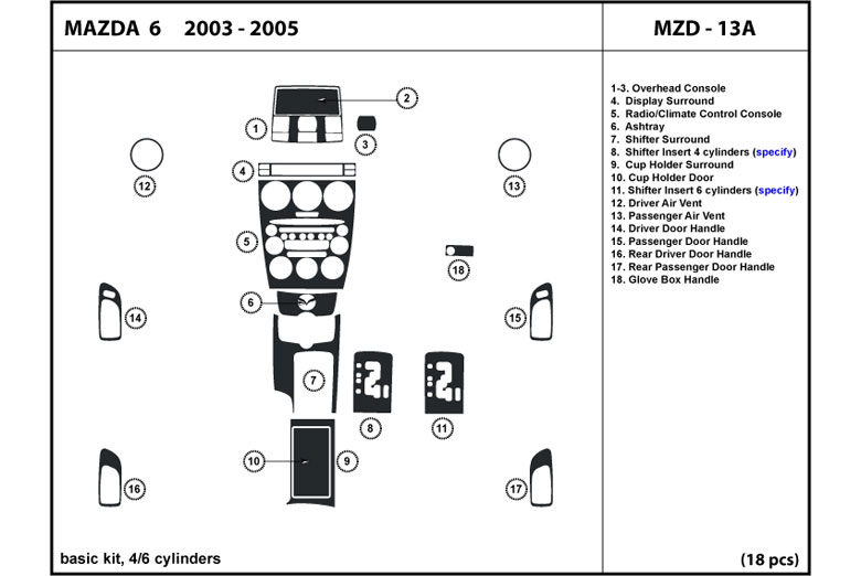 2003 Mazda Mazda6 DL Auto Dash Kit Diagram