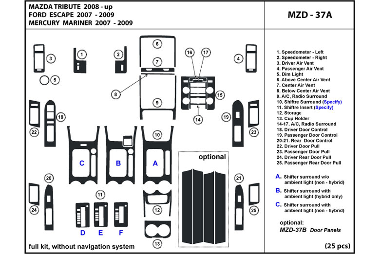 2008 Mazda Tribute DL Auto Dash Kit Diagram