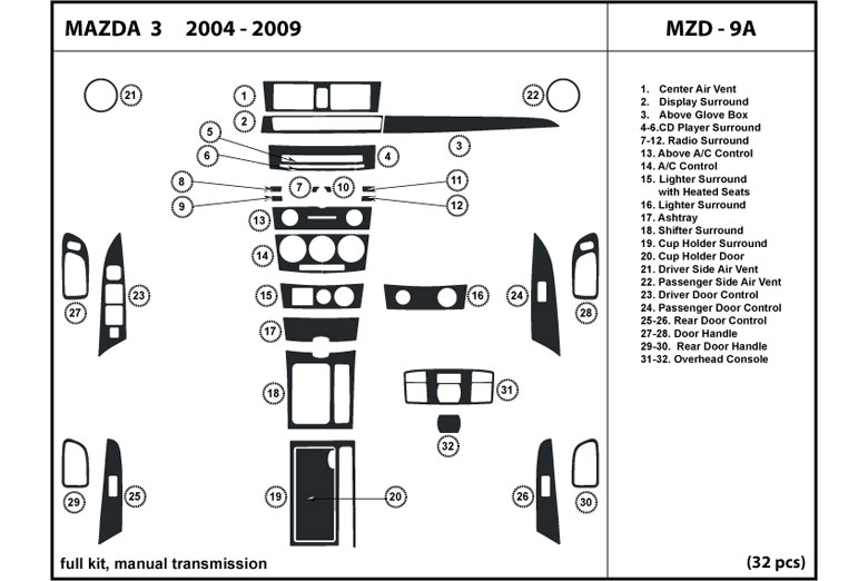 2004 Mazda Mazda3 DL Auto Dash Kit Diagram